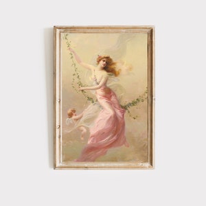 May include: A vintage painting of a woman in a pink dress, with flowing hair and a floral garland, swinging on a vine. Two cherubs are flying behind her, one holding a flower.