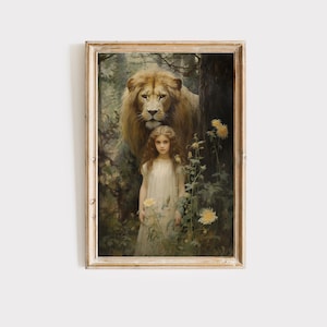Löwe und Mädchen Wandbild, Bücherecke, Ölgemälde Wanddekoration, Buch Ecke Dekor, Leseecke Dekor, digitaler Download
