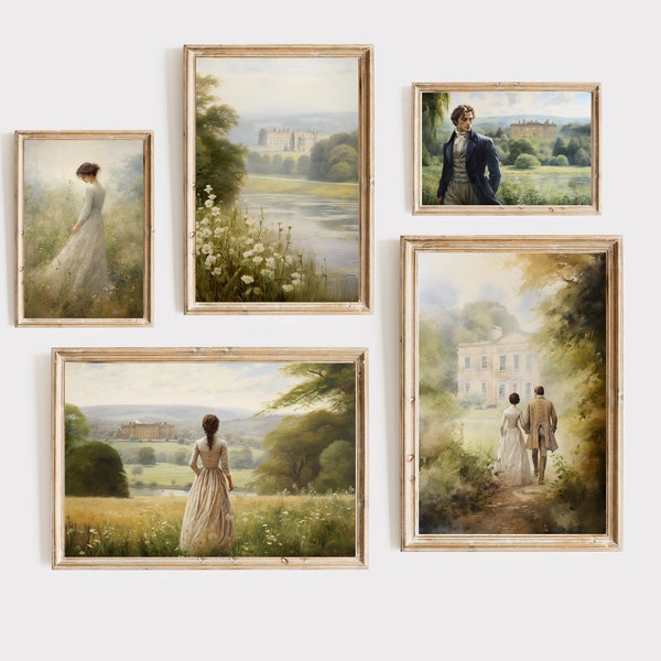 Set aus der Kunstgalerie „Stolz und Vorurteil“ – Pemberley Manor, Elizabeth Bennet und Mr. Darcy. Cottagecore Art, Jane Austen Geschenke, digitaler Download