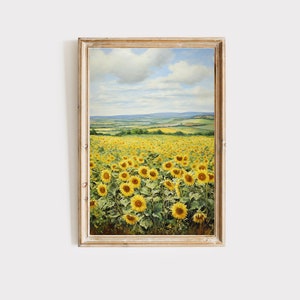 Cottagecore Sunflower Field English Landscape Art Print, Oil Painting, Vintage Wall Decor, Nature Inspired, Farmhouse art. Digital download