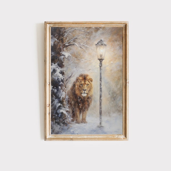 Narnia art print, Lamppost and Aslan. Narnia poster, Oil painting wall decor, C S Lewis, Printable digital download