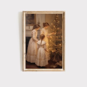 Christmas Tree Print Victorian Christmas art, Holiday Wall Art, Vintage Christmas oil painting, little women, Printable digital download