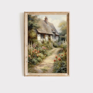 English cottage garden print, cottagecore art, antique flower painting, Vintage wall decor, quintessential english cottage, digital download