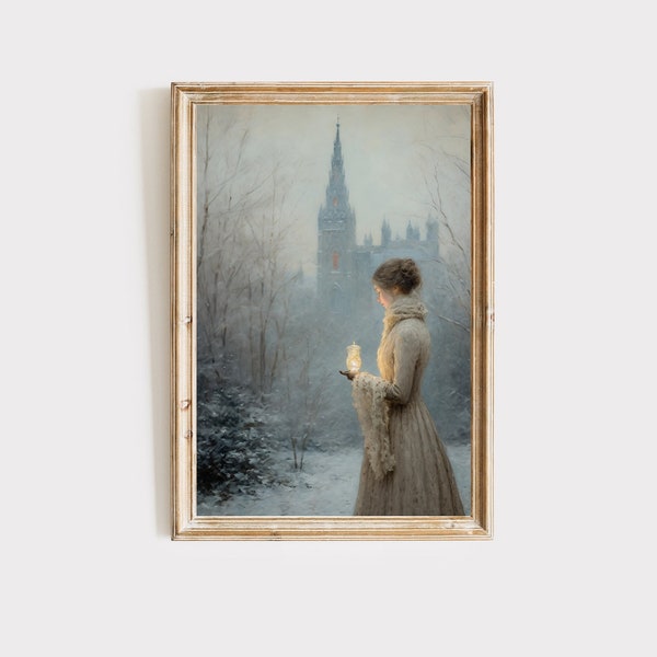 Impression d'art de Noël victorien, une scène d'église en hiver, art vintage, décoration murale de vacances, téléchargement numérique imprimable