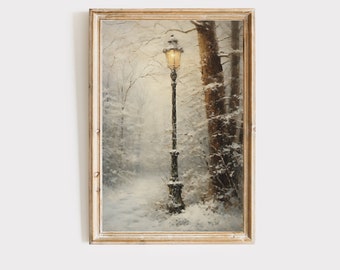 Lamppost and forest art print, winter wall art, winter forest art, book nook, booknook, reading nook decor, Printable digital download