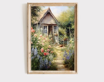 Impresión de jardín de cabaña inglesa, arte cottagecore, pintura de flores antigua, decoración de pared vintage, cabaña inglesa por excelencia, descarga digital