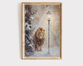 Lamppost and lion wall art, book nook decor, reading nook decor, Oil painting wall decor, booknook, Printable digital download