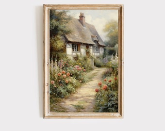 English cottage garden print, cottagecore art, antique flower painting, Vintage wall decor, quintessential english cottage, digital download