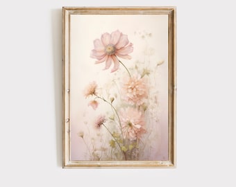 Pink floral nursery wall art, flower wall decor, girls room decoration, cottagecore art, printable digital download