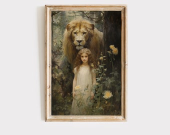 Lion and girl wall art, booknook, Oil painting wall decor, book nook decor, reading nook decor, digital download