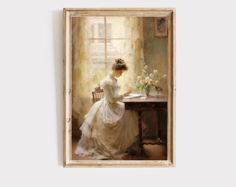 Victorian women reading art print, vintage wall decor, antique oil painting, printable digital download. Gift for her