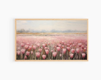 Spring tulip field SAMSUNG TV FRAME art - coquette art, cottagecore decor, spring decor, floral tv art, digital download