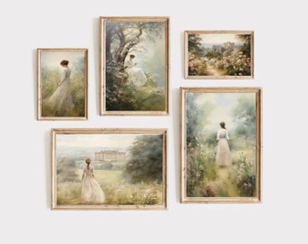 Pride and Prejudice soft art gallery set - Pemberley Manor and Elizabeth Bennet, Book nook decor, Jane Austen gifts, digital download