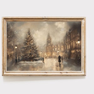 May include: A painting of a snowy city square at night with a lit Christmas tree in the center. The buildings are lit up with warm yellow lights and there are people walking around. The sky is a soft gray color.