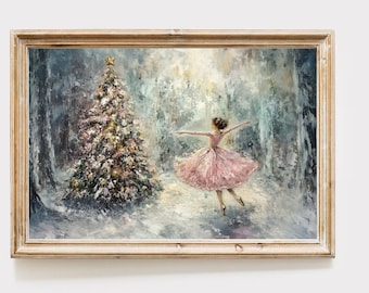 May include: A framed painting of a ballerina in a pink tutu dancing in front of a decorated Christmas tree in a snowy forest.