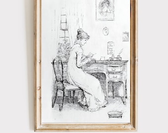 Pride and Prejudice art print, vintage book illustration, book nook, cottagecore art, coquette room decor, Jane Austen, digital download