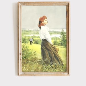 May include: A framed painting of a woman in a white shirt and brown skirt standing in a field, looking out at a lake. A man in a white shirt and black pants is walking in the distance.