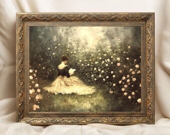 May include: A framed painting of a woman in a white dress sitting in a field of pink flowers, reading a book. The painting is in a gold frame with ornate details.