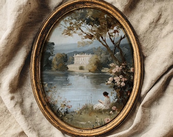 May include: Oval framed painting depicting a serene landscape with a lake, trees, and a large white building in the background. A person in a white dress is seated near pink flowers. The frame is gold with a distressed finish.