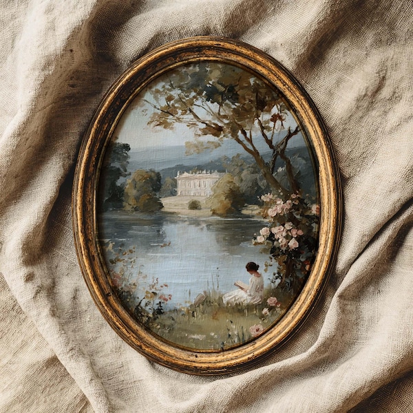 Pride and Prejudice inspired art, Elizabeth Bennet reading, book nook, Jane Austen gifts, Pemberley manor, book nook decor, Digital download