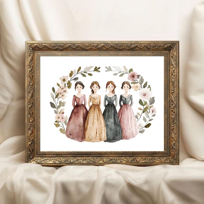 May include: A framed watercolor print featuring five women in long dresses, each in a different color: mauve, gold, charcoal, and pink. They are surrounded by a floral wreath in a gold ornate frame. The artwork is displayed on a white fabric.