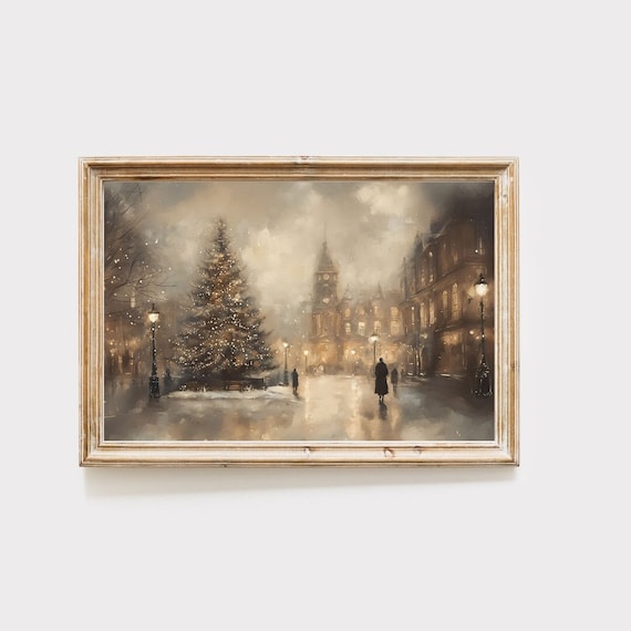 Victorian christmas town art print, holiday decor, christmas wall art, winter art print, christmas hosting decor, digital download