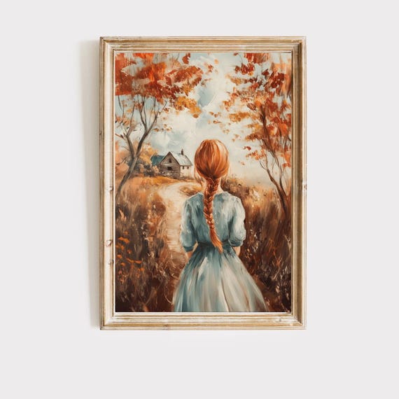 Anne of Green gables autumn art print. Cottagecore decor. Anne Shirley, book nook, cottagecore dress, fall hosting decor, digital download