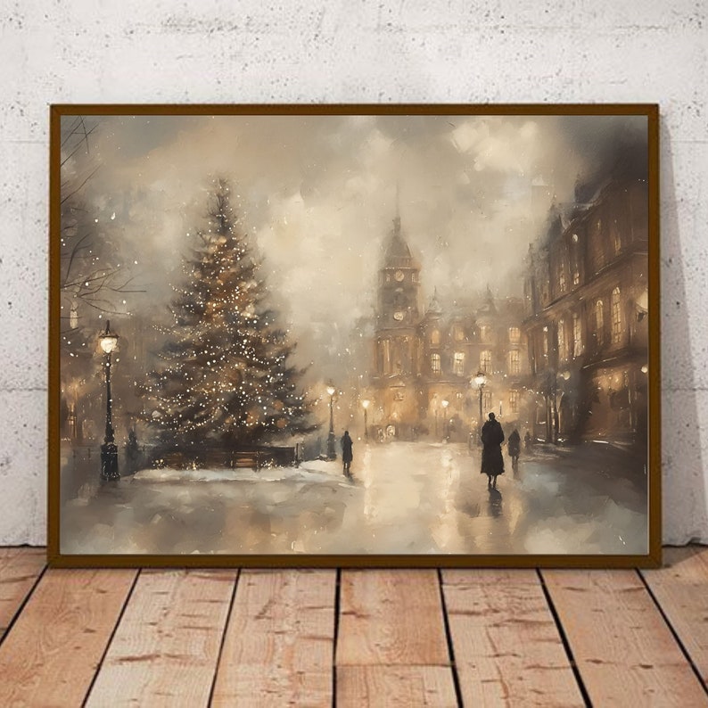 May include: A painting of a snowy city street scene with a large Christmas tree in the foreground. The tree is decorated with lights and ornaments. There are buildings in the background, including a church with a tall steeple. The street is empty except for a few people walking by.
