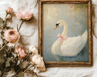 Coquette swan wall art print, cottagecore wall decor, swan oil painting, valentines swan print, coquette room decor, digital download