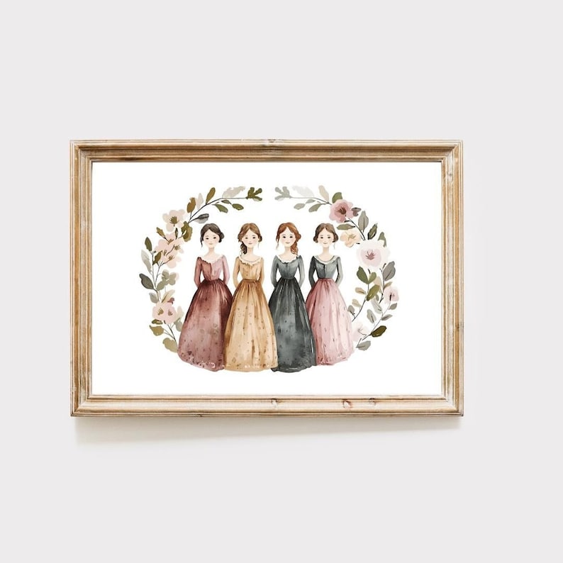 May include: Watercolor print featuring five women in long dresses, framed in a wooden frame. The women are surrounded by a floral wreath. Dresses are in shades of brown, gold, gray, and pink.