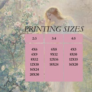 Puede incluir: Una tabla titulada PRINTING SIZES con tres columnas etiquetadas 2:3, 3:4 y 4:5. La columna 2:3 enumera 4x6, 6x9, 8x12, 12x18, 16x24, 20x30. La columna 3:4 enumera 6x8, 9x12, 12x16, 18x24. La columna 4:5 enumera 4x5, 8x10, 12x15, 16x20.
