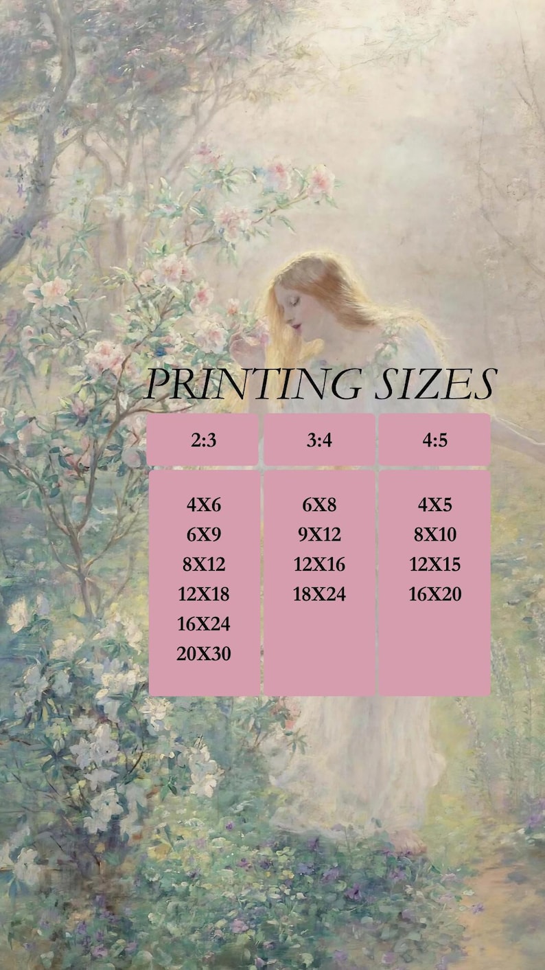 Puede incluir: Una tabla titulada PRINTING SIZES con tres columnas etiquetadas 2:3, 3:4 y 4:5. La columna 2:3 enumera 4x6, 6x9, 8x12, 12x18, 16x24, 20x30. La columna 3:4 enumera 6x8, 9x12, 12x16, 18x24. La columna 4:5 enumera 4x5, 8x10, 12x15, 16x20.
