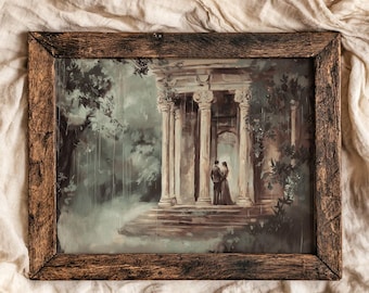 May include: A framed painting depicting a couple standing under a stone gazebo with classical columns. The scene is rendered in muted green and brown tones, featuring lush foliage and a rainy atmosphere within a rustic dark wood frame.