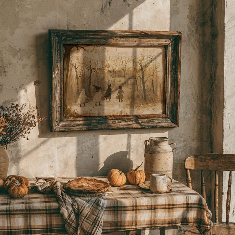 Puede incluir: Un cuadro de paisaje enmarcado que muestra a ni&ntilde;os disfrazados caminando por un bosque, sobre una mesa con mantel a cuadros, un pastel horneado, dos calabazas peque&ntilde;as, una jarra de cer&aacute;mica y una taza, todo bajo la luz del sol.