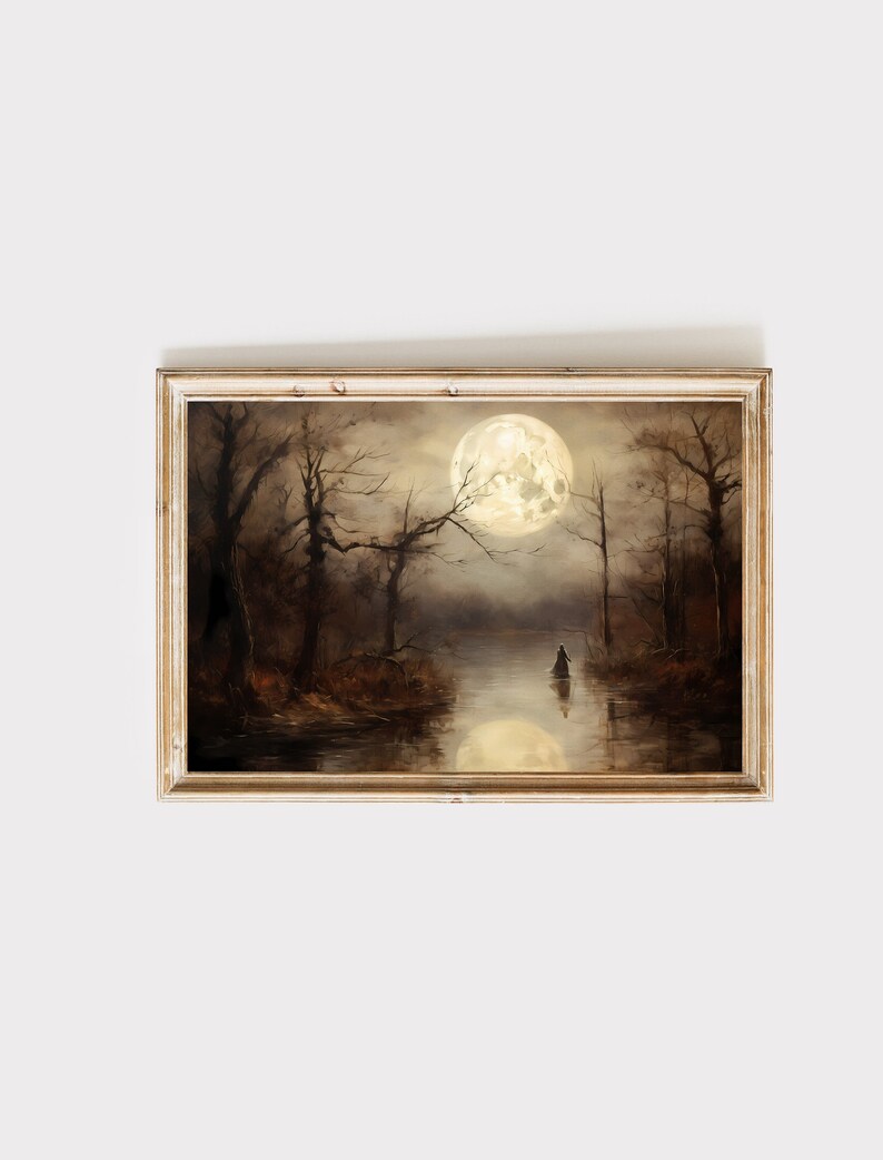 Halloween Witch Art Print, Autumn Decor, Vintage Style, Dark Academia, Moody, Gift. Oil painting inspired. Digital download. image 1