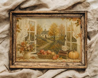 PHYSICAL PRINT Fall cottage window print, cosy farmhouse autumn print, fall reading nook decor, halloween printable, cottagecore fall art