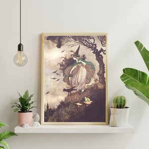 Halloween witch and cat print, fairytale halloween, whimsigoth decor, spooky decor, halloween printable, halloween art, digital download image 8