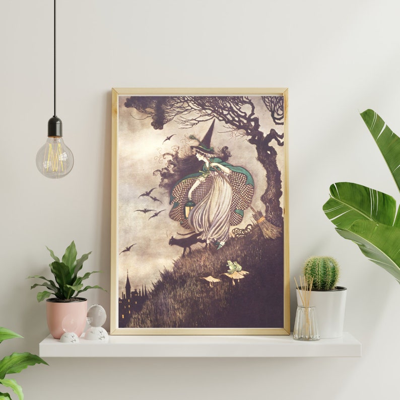 Halloween witch and cat print, fairytale halloween, whimsigoth decor, spooky decor, halloween printable, halloween art, digital download image 8