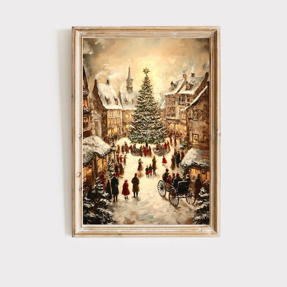 Victorian christmas town art print, holiday decor, christmas wall art, winter art print decor, christmas hosting decor, digital download