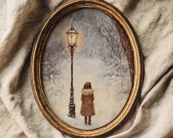 Narnia lamppost and Lucy art print, book nook decor, reading nook decor, holiday hosting, classic book art, aslan, digital download