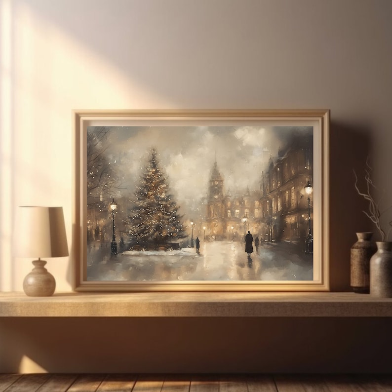 May include: A painting of a snowy city street scene with a large Christmas tree in the center, lit with white lights. The street is lined with buildings and streetlights, and there are people walking in the distance.