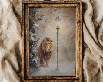 IMPRESIÓN FÍSICA Arte de pared de Narnia Aslan y farola, decoración de rincón de lectura, decoración de rincón de lectura, arte de libros clásicos, rincón de lectura, decoración de Narnia