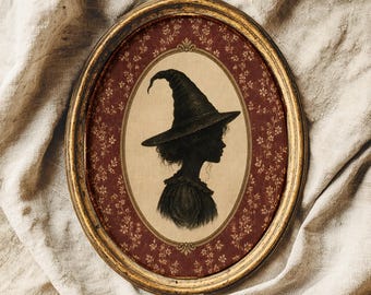 Halloween witch silhouette art print, whimsigoth halloween decor, fall hosting decor, spooky decor, vintage halloween art, digital download