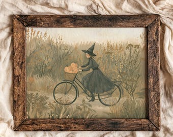 Halloween witch on her bike print, autumn wall print, vintage halloween print decor, cosy farmhouse fall hosting decor, digital download