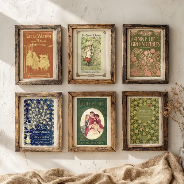 Vintage bokomslagskonsttryck, Stolthet och fördom, Little Women-konst, Anne of Green Gables-tryck, cottagecore-dekor, digital nedladdning