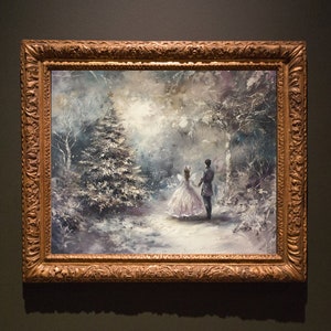 May include: A framed painting depicting a winter scene with a couple standing in a snowy forest. The couple is dressed in formal attire, and there is a large, snow-covered Christmas tree in the background.