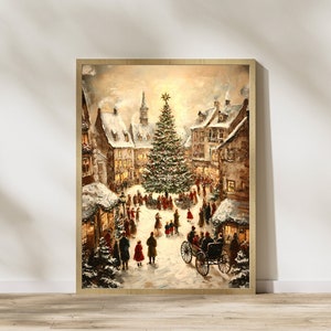 May include: A framed Christmas-themed painting depicts a snowy village square. A large decorated Christmas tree stands in the center, surrounded by people. Buildings with snow-covered roofs and lit windows line the square. A horse-drawn carriage is in the foreground.
