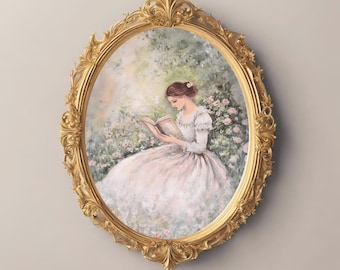 May include: A framed painting of a woman in a white dress reading a book in a garden setting. The frame is ornate and gold.