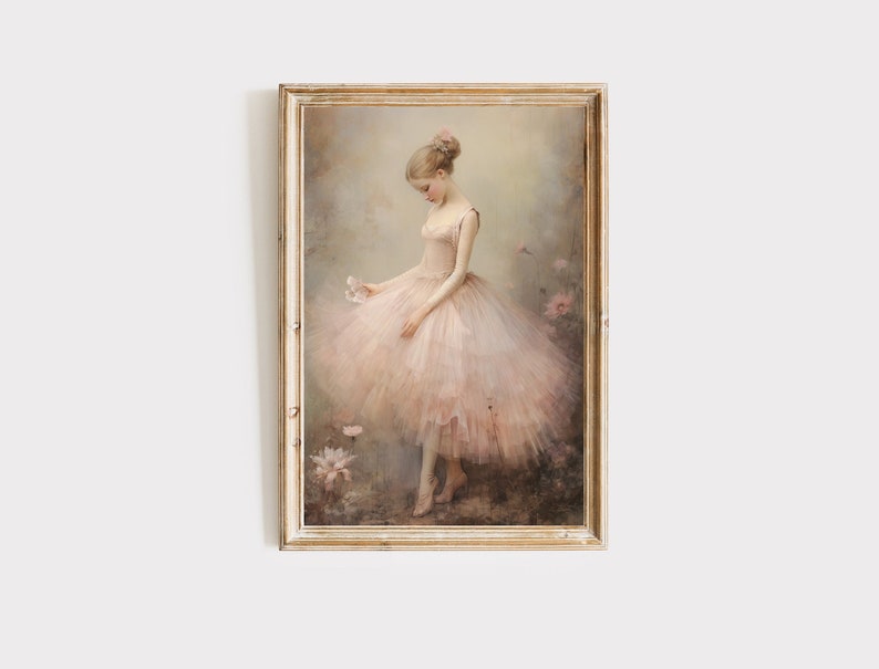 Coquette ballerina art print. Whimsical cottagecore art. balletcore, Nursery art, vintage wall decor. Printable digital art. Gift for her. image 1