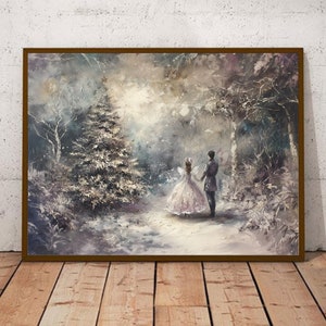 May include: A watercolor painting of a couple standing in a snowy forest. The couple is facing away from the viewer, and they are holding hands. There is a large, snow-covered Christmas tree in the background.